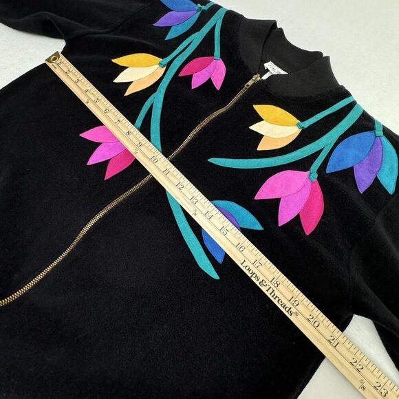 Vintage Ella Manfredi Women's Velour Track Jacket Small Black Floral USA Granny - Picture 10 of 13